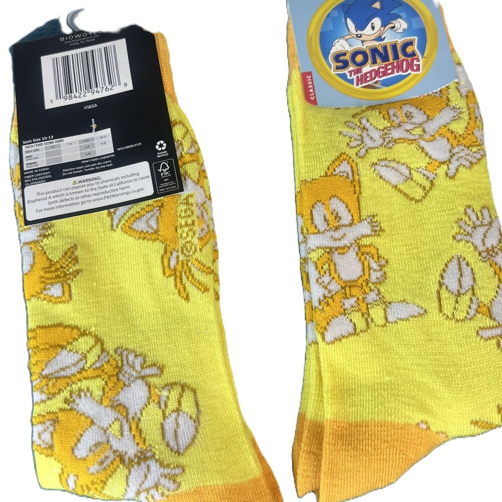 RETRO SONIC THE HEDGEHOG (TAILS) CREW SOCKS, MEN 8-12, WOMEN 5-10